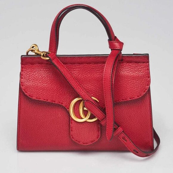 Gucci Red Pebbled Leather Mini Marmont Top Handle Bag - Picture 1 of 10